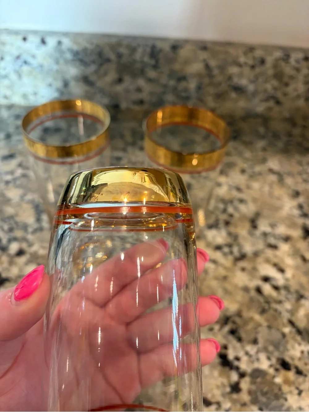 Vintage Mid-Century Modern clear glass highball tumblers gold accents